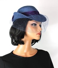 Vintage 60s Hat Sz S Sylvia Blue Purple Raffia Straw Tulle Netting Birdcage Veil