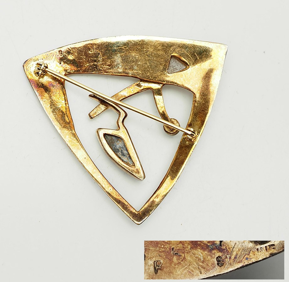 Triangles Dt Mid century modern OOAK gilt sterling silver gemstones triangle brooch ...