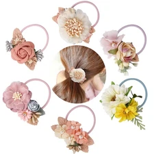 6 Pack Floral Hair Bows Ties Elastic Bands with Faux Pearls for Women Girls
