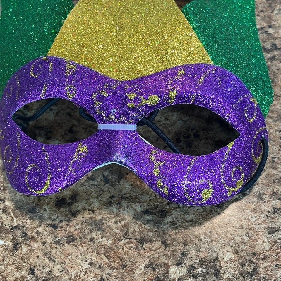 Mardi Gras 闪耀小丑面具 - 绿色、黄色、紫色 — 第 3/4 张图片