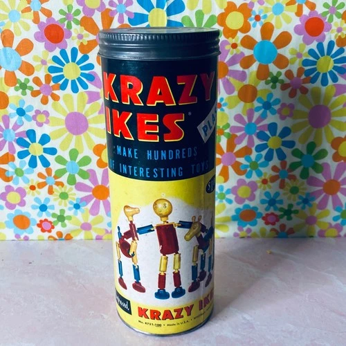Vintage 1957 Whitman Krazy Ikes Plastic Toy Building Original Canister, Keepsake