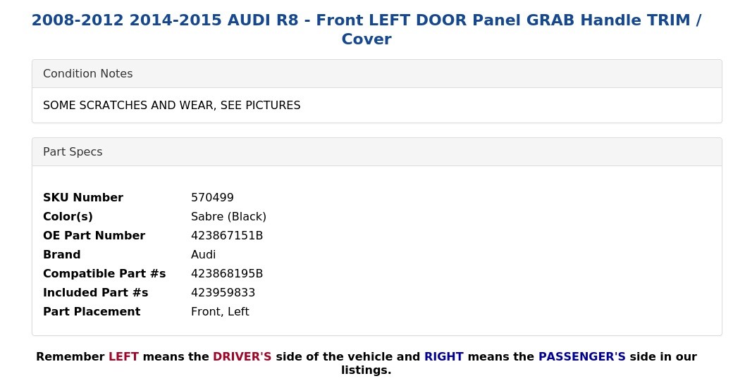 Audi R8 2008-2012 Front Left Door pocket trim