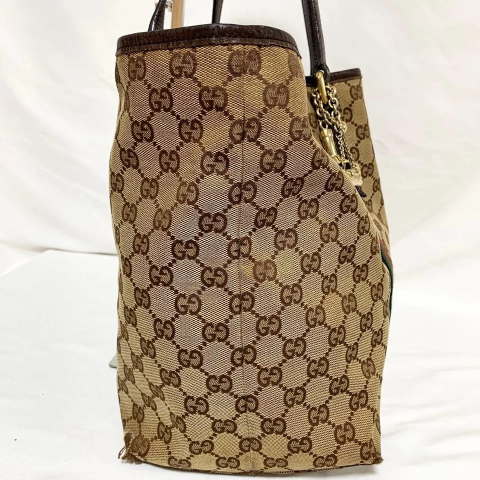 GUCCI GG Sherry Line Tote Bag Canvas Leather Beige Brown Used Authentic - Image 4 of 4