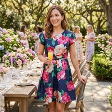 NWT Eliza J Floral Jacquard Fit and Flare Dress Navy Pink Floral Size 6