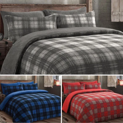 VELOSSO Teddy Bedding Set Red Check Plaid Pattern Navy Grey Duvet Cover & Pillowcase Set