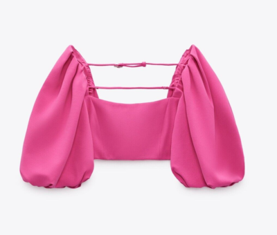 ZARA CROP TOP WITH PUFF DETAIL HOT BRIGHT PINK CERISE FUCHSIA S