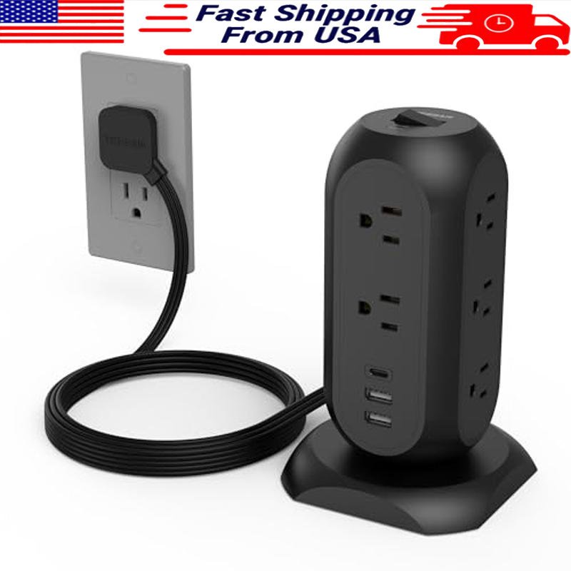 Surge Protector Power Strip Tower 11 Outlets 3 USB Ports Black Organize Space-image