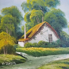OIL PAINTING Thatched Country Cottage Picture Signed D. Junepa Vintage 16"