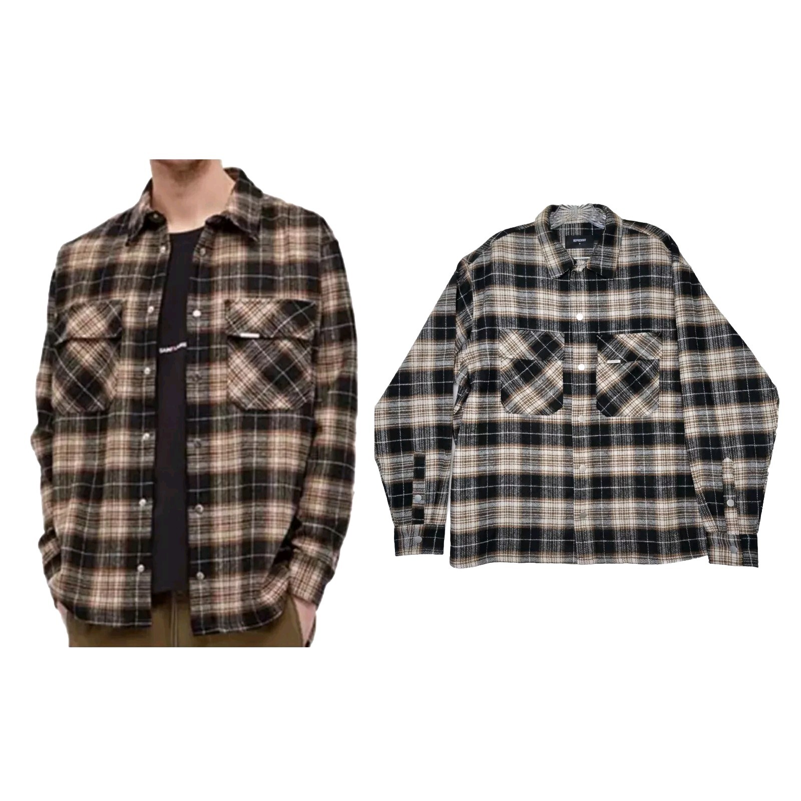 Represent Flannel Shirt Black/brown Button Down C… - image 1