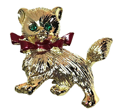 Vintage Cat Kitten Brooch Pin Rhinestone Green Eyes Red Bow Gold Tone 1.25''