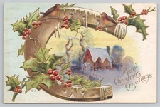 Merry Christmas Greetings, Horseshoe, Inset House Holly Berries Postcard 0836