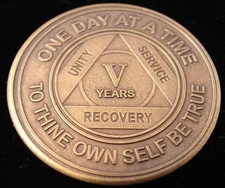Alcoholics Anonymous AA 5 Year Bronze Medallion Token Coin Chip Sobriety Sober