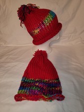 Handmade Crochet Beenie Toboggan Hat Red Rainbow Matching x2 Family Fall Pics