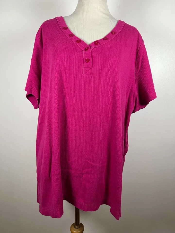 Maggie Barnes 22/24W 3X Shirt Top Pink V Neck Heart Button Short Sleeve Woman A3 - Image 2 of 4