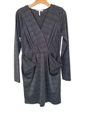 BCBGeneration Metallic Knit Long Sleeve faux Wrap Dress Pockets size medium