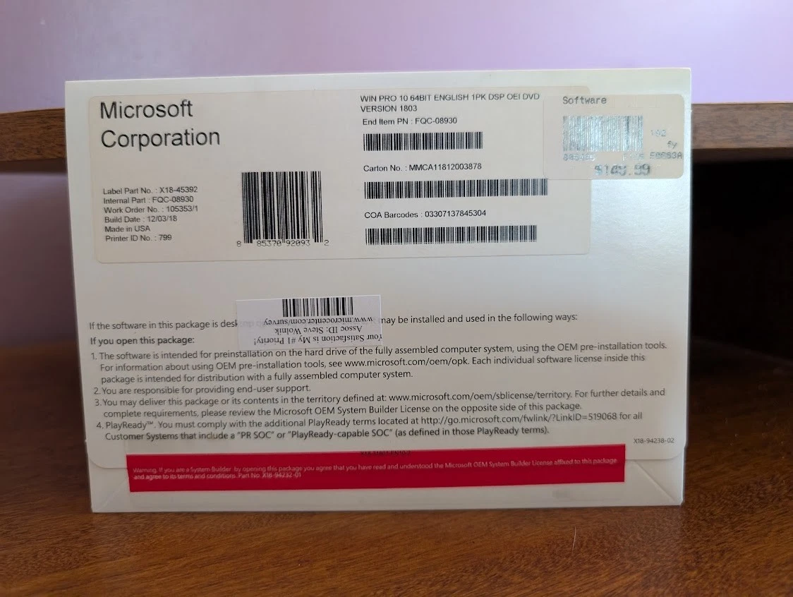Microsoft Windows 10 Pro 64 bits inglés OEM DSP OEI DVD 1 dispositivo FQC-08930