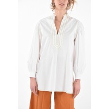 Tory Burch White Long Sleeve Tunic Blouse Blue Yellow Green Embroidery 