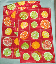 Vtg Echo red silk rectangular scarf, bright citrus pattern lime lemon orange