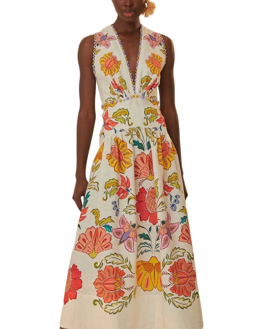 Farm Rio Floral Insects Off-White V Neckline Linen Maxi Dress Women's  Xl thumbnail 2