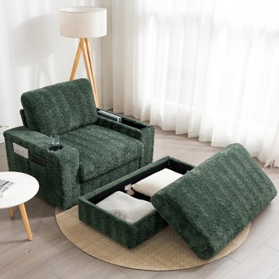42'' Oversized Single Sofa Faux Rabbit Fur Armchair with Cup Holders Deep Seat Gr