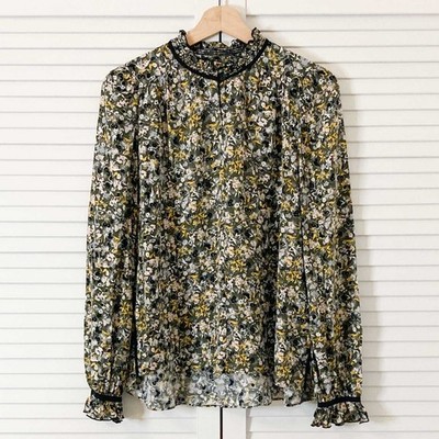 ME + EM Top Size 8 Green Floral Print Blouse Long Sleeve Frill Cuff Shirred Neck