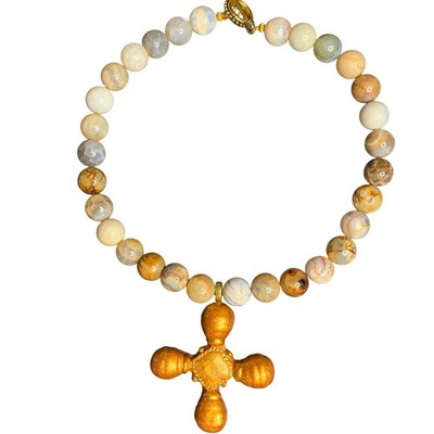 Handcrafted Botswana Agate Beaded Cross Pendant Necklace