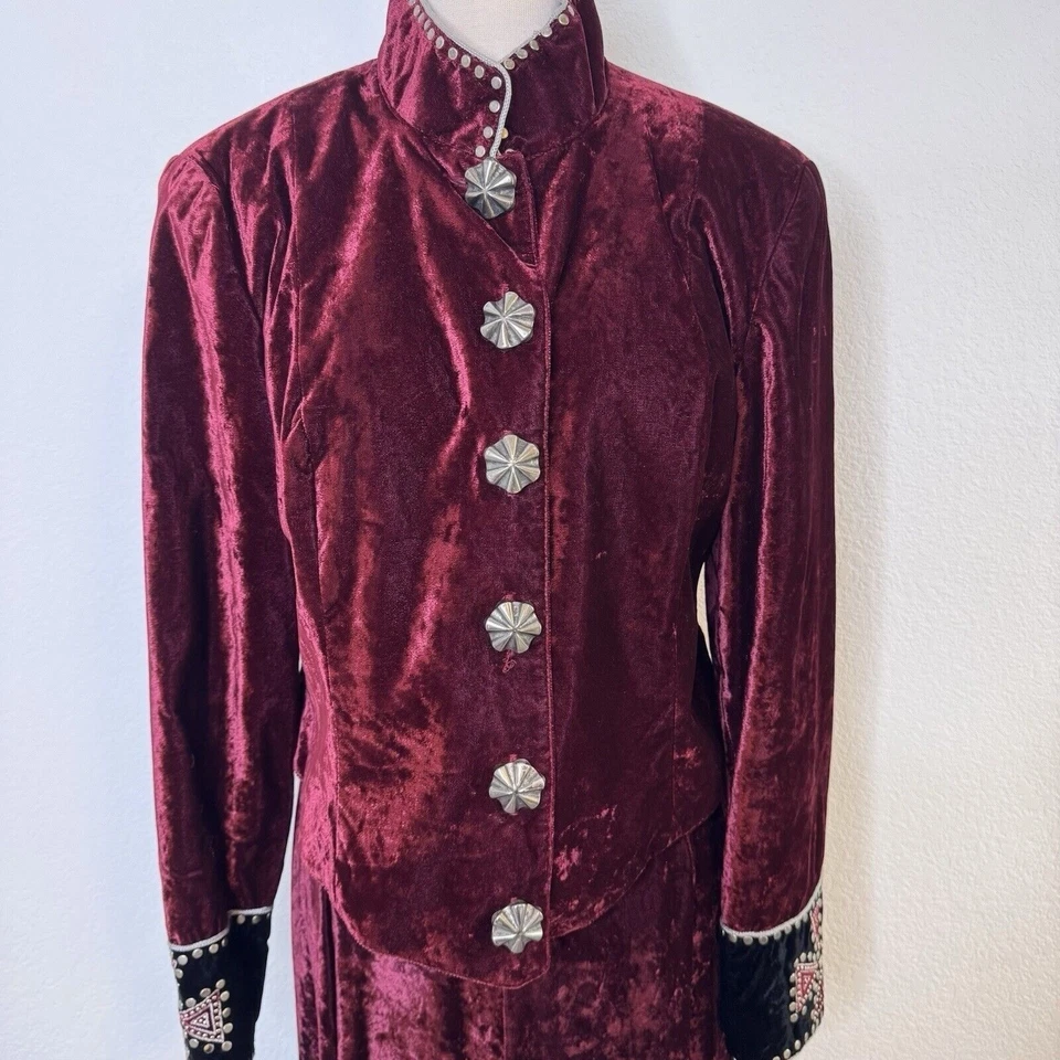 Conjunto de chaqueta y falda de terciopelo Double D Ranch borgoña Western Boho para mujer talla M Foto 2 de 4