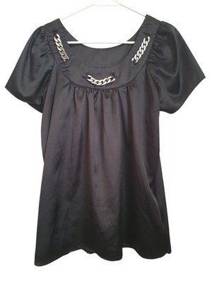 Women s Stylish Black Short Sleeve Top Scoop Neck Silver Chain Size M