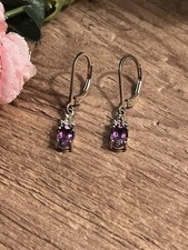 925 Sterling Silver Amethyst  CZ Leverback Drop Earrings Dainty Purple Gemstone