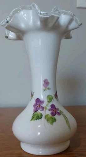 1960s Fenton Silver Crest Tall Vase Hand Painted Violets In The Snow Vtg 8” MINT