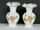 Fenton Silver Crest Hand Painted Milk Glass Ruffled Melon Vase - Pair