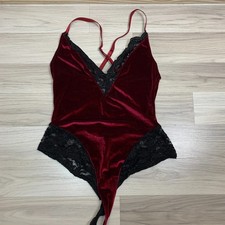 Red Velvet Lingerie Women Small Plunge Black Lace Lace Up Bodysuit
