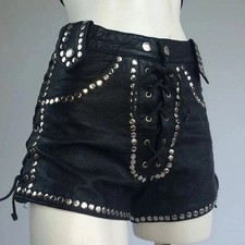 70s Vintage Black Leather Studded Lace-Up Women's Shorts Biker Gothic Festival
