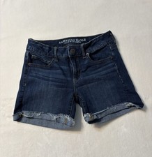 American Eagle Women Midi Denim Shorts Size 2 Dark Wash 360 Super Stretch Cutoff