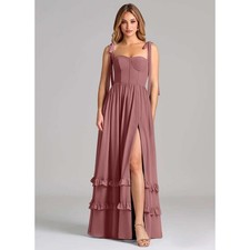 Azazie Womens Dress A4 Pink Chiffon Tie Strap Ruffle Bustier Maxi Bridesmaid