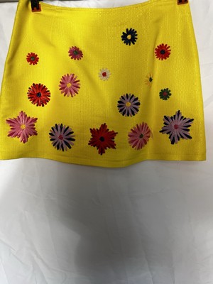 Vintage Moschino Jeans Yellow Daisies Skirt Embroidered Raffia Flowers Mini Sz 6