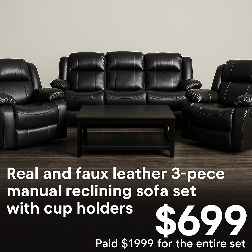 New 3-Piece Black Recliner Sofa Set – Breathable Leather Living Room Furniture