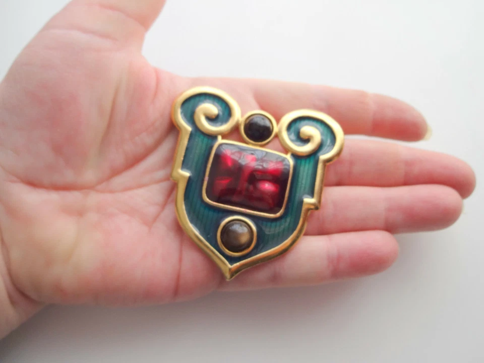 Paris Yves Saint Laurent YSL Enamel Coat of Arms Scandinavia Shield Pin Brooch