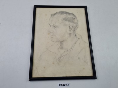 Etching Drawing Young Man Initials in Wooden Frame Glass Pane #243943