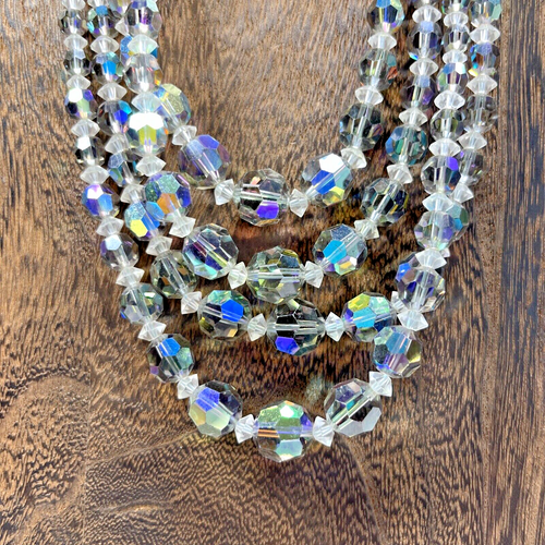 Vintage Aurora Borealis Grey Crystal Four Strand Graduated Necklace and Earrings - Picture 3 of 18
