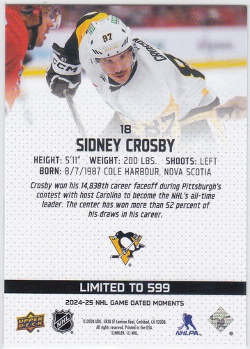 2024/25 UD..SIDNEY CROSBY..GAME DATED MOMENTS../599..CARD # 18..PENGUINS - Picture 2 of 2