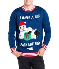 TIPSY ELVES BIG PACKAGE UGLY CHRISTMAS SWEATER Men's Size Small BLUE NEW 