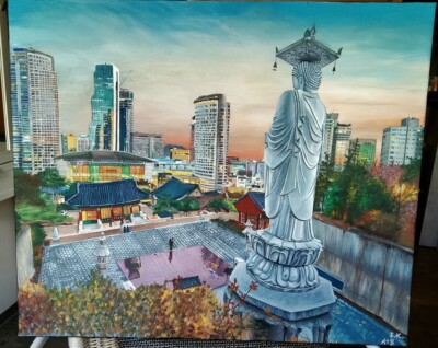 Acryl Gemälde von Seoul, Süd Korea auf Leinwand 