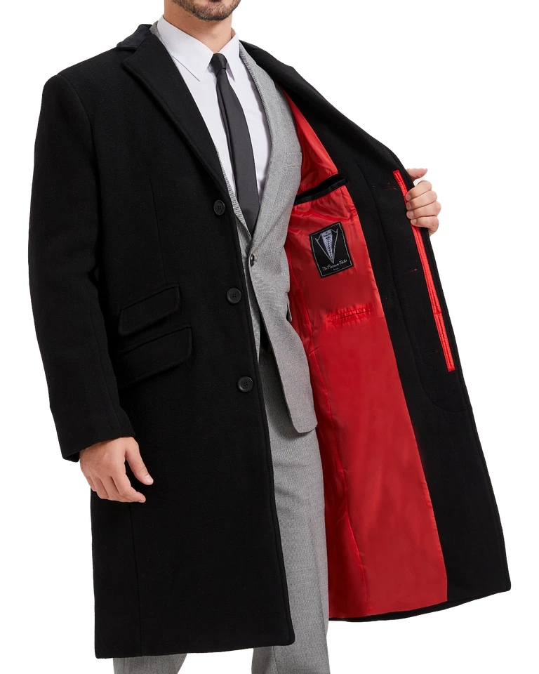 Abrigo largo cubierto de lana negra para hombre cálido invierno mod abrigo de cachemira cuello de terciopelo Foto 4 de 4