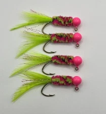 Hand Tied Feather Tail Crappie Jigs Atomic Chicken & Chartreuse 1/16th ounce New