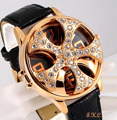 XL Herren Schwarz Leder Gold Gangster Rapper Zuhälter Spinner Eis Glitzer Kristall Uhr