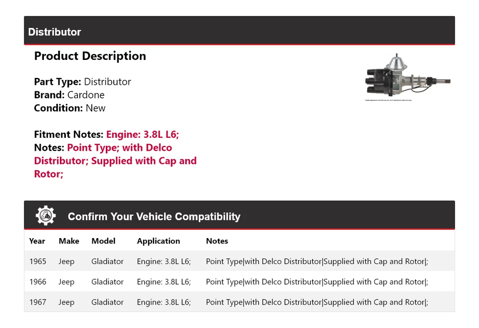 Jeep Gladiator 1965-1967 3,8 L L6 distribuidor Cardone 1966 Foto 2 de 4