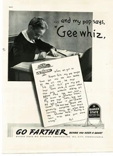 1937 Quaker State Motor Oil Young boy writes letter Vintage Print Ad