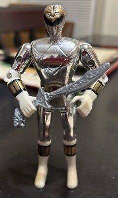 Vtg Mighty Morphin Power Rangers White Action Figure 1995 Metallic With Saba 