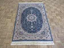 4'1 x 5'11 Hand Knotted Blue Fine Nain With Silk Oriental Rug G15474
